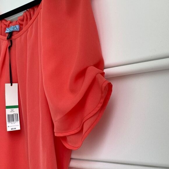 Cynthia Rowley Pleated Short Sleeve Chiffon Tie Neck Dressy Blouse Coral Large - Picture 2 of 12